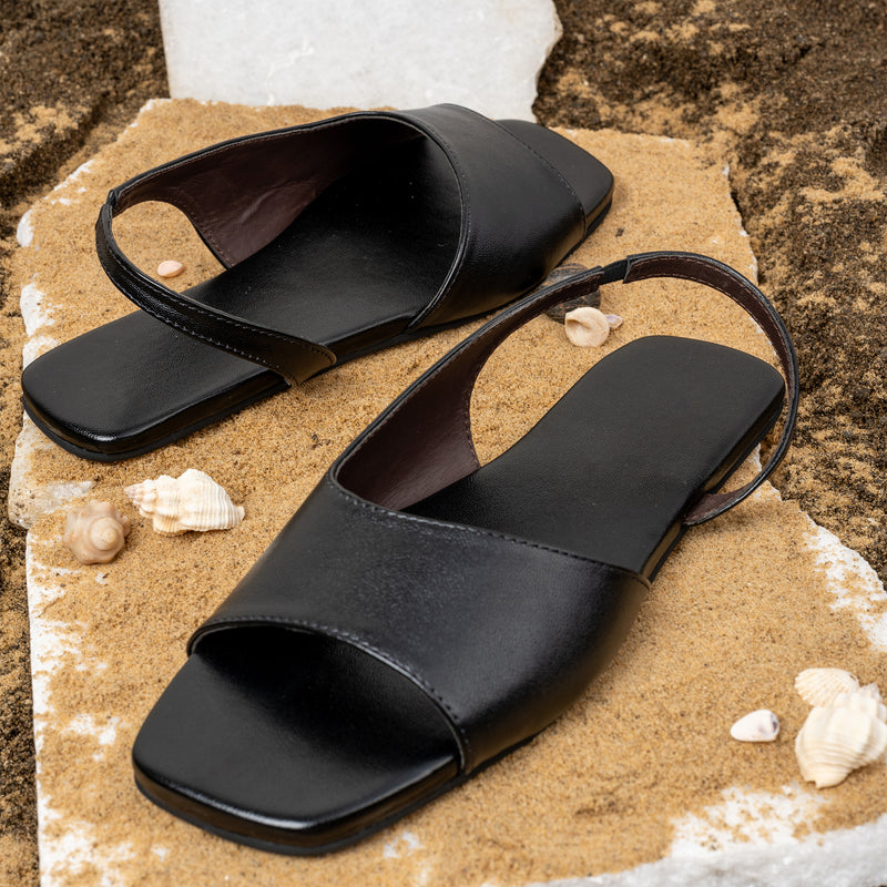 Seashell Slingback Vegan Leather Black Women Sandals