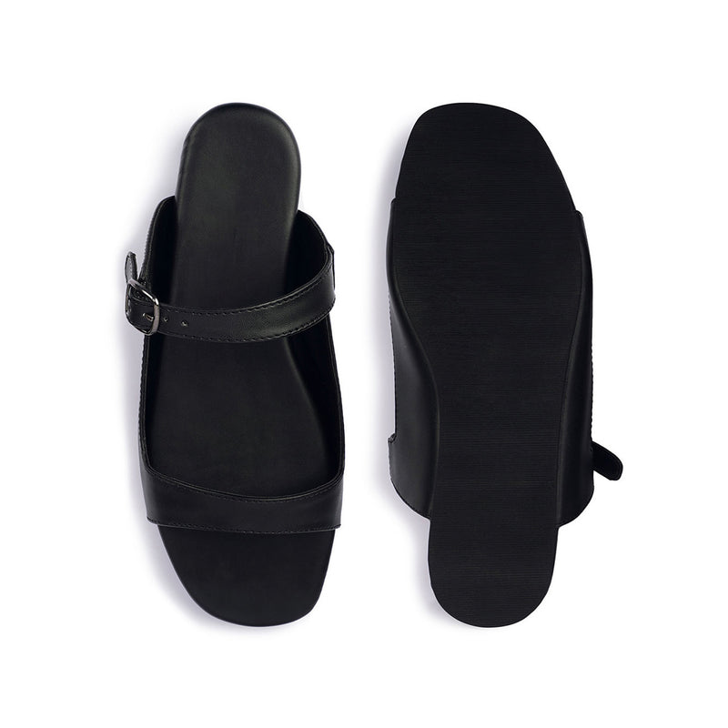 Eve Dual-Strap Vegan Leather Black Slides Women Thrift Edit