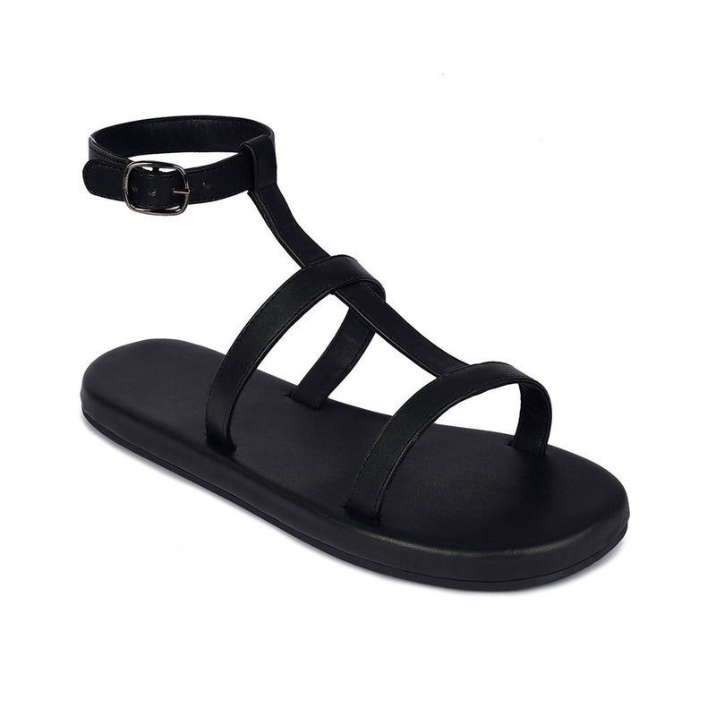 Saba T-Strap Vegan Leather Black Sandals Women